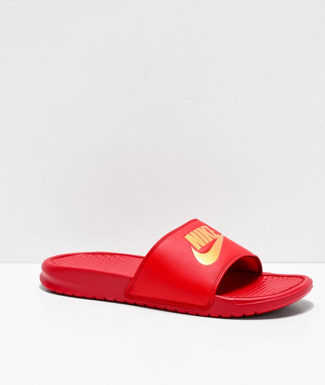 nike red and gold slides
